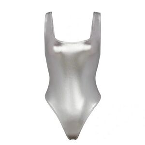 NWT Skims Chrome Silver One piece High Cut swim suit Size Large Festival